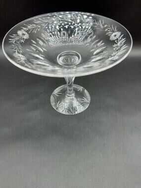 Vintage Stuart England Crystal Compote Comport Floral Thumbprint Cut Footed Bowl